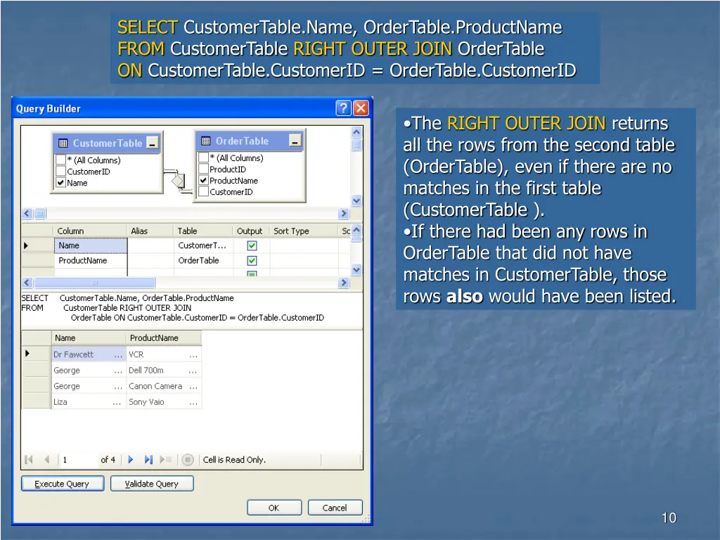 select customertable name ordertable productname 1