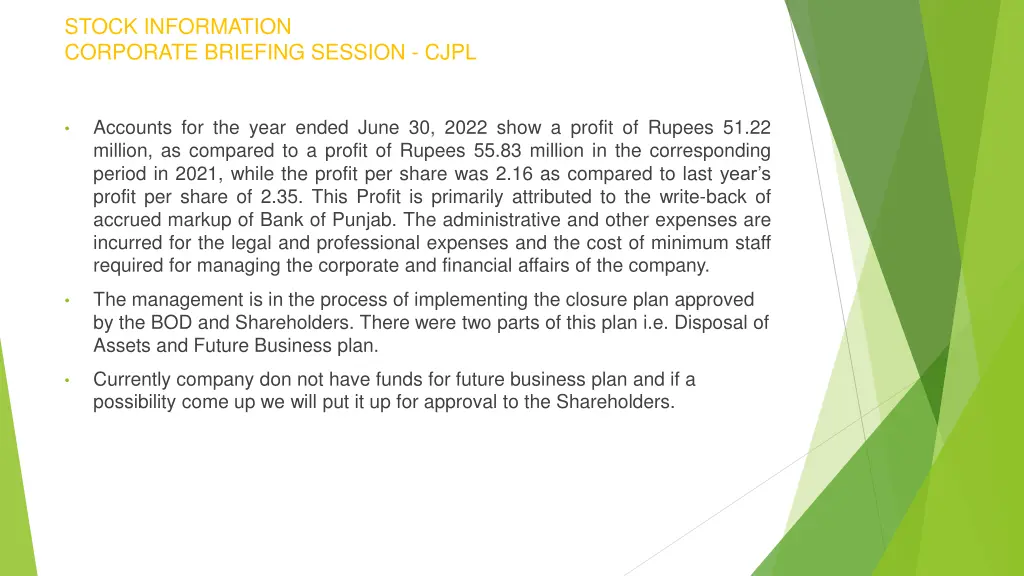 stock information corporate briefing session cjpl