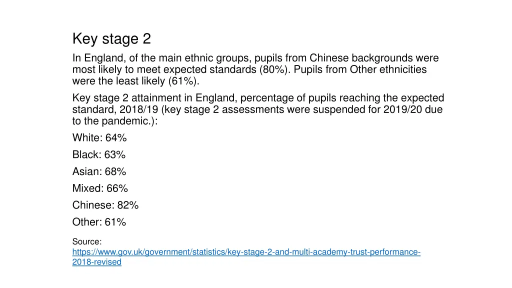 key stage 2 in england of the main ethnic groups