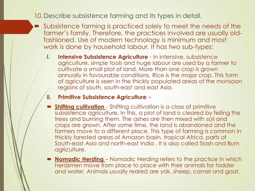 10 describe subsistence farming and its types