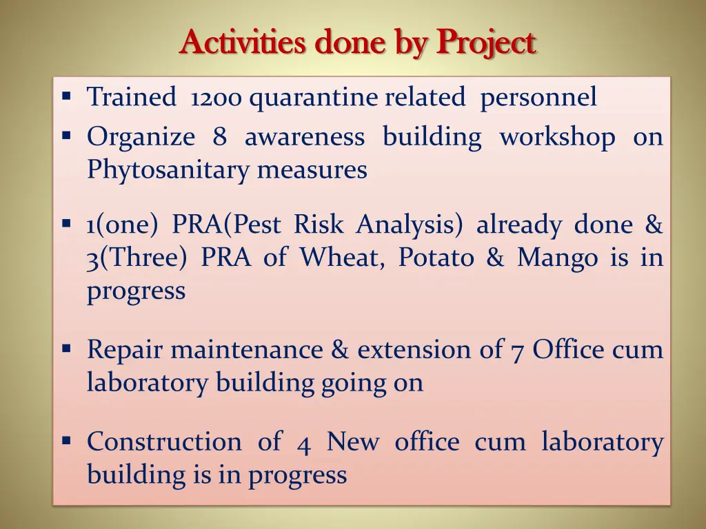 activities done by project activities done