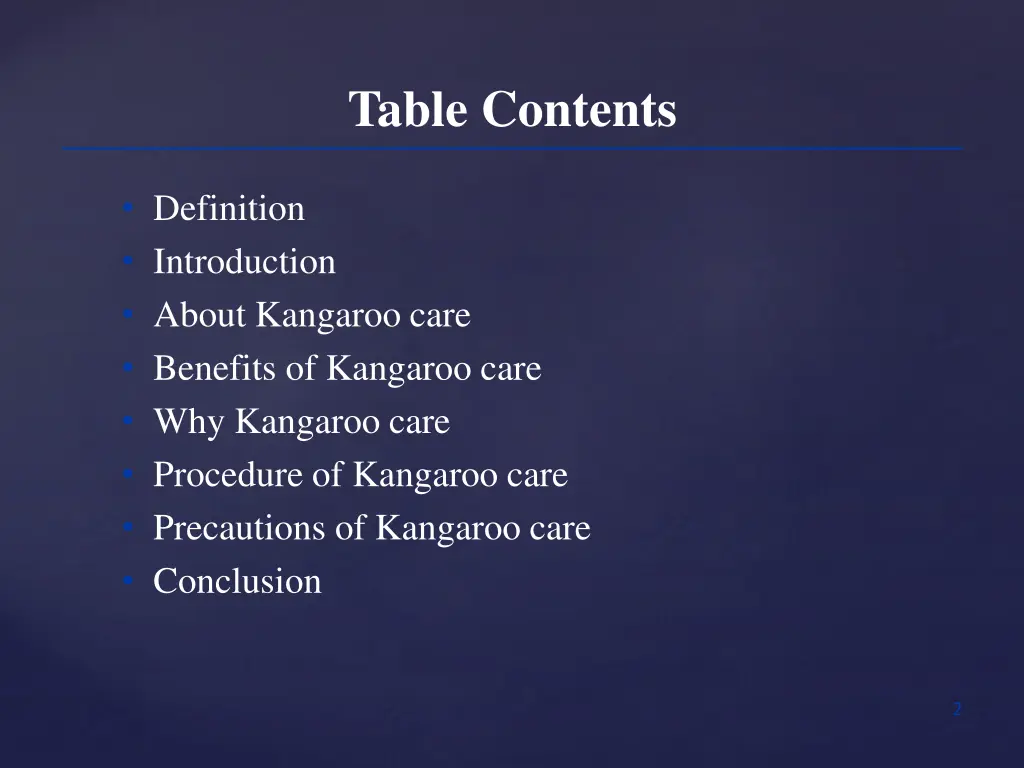 table contents