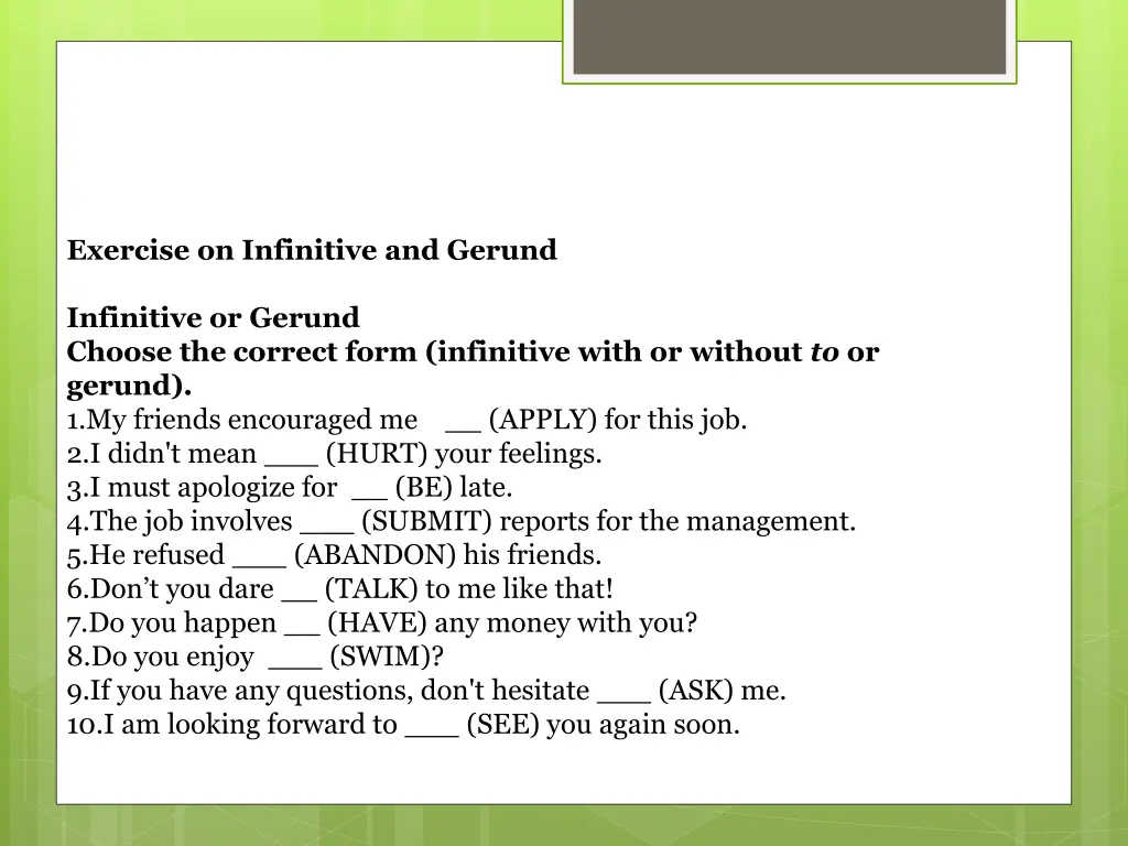 exercise on infinitive and gerund