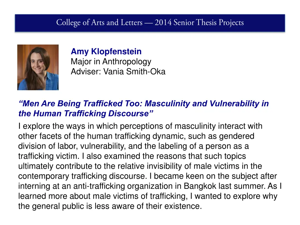 amy klopfenstein major in anthropology adviser