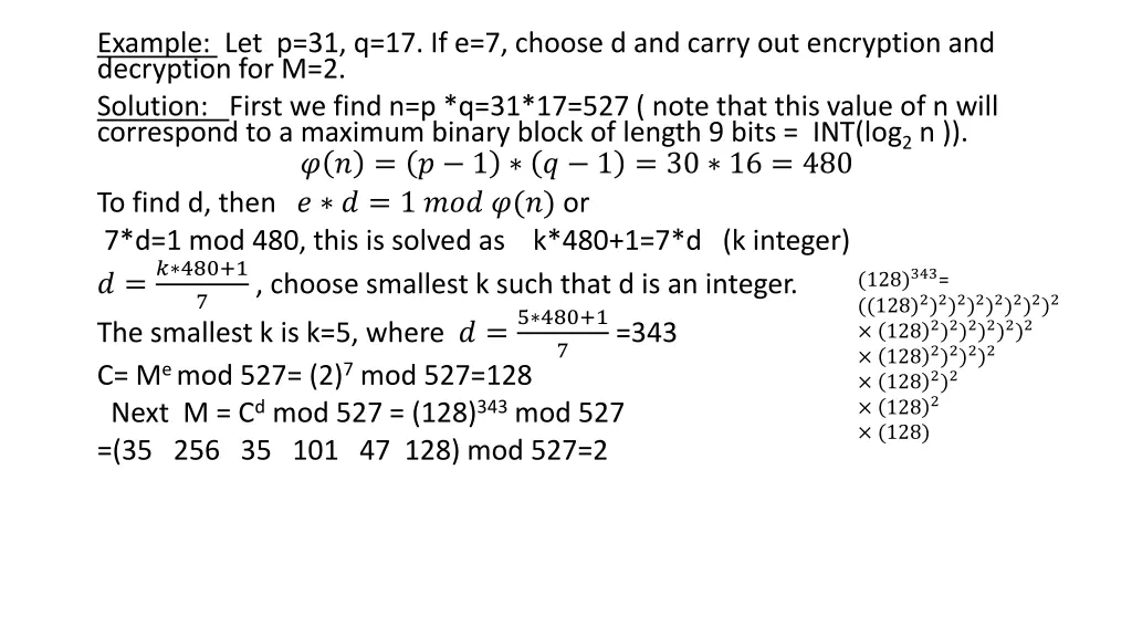 example let p 31 q 17 if e 7 choose d and carry