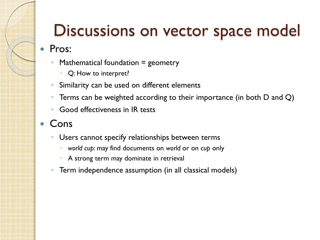 discussions on vector space model pros