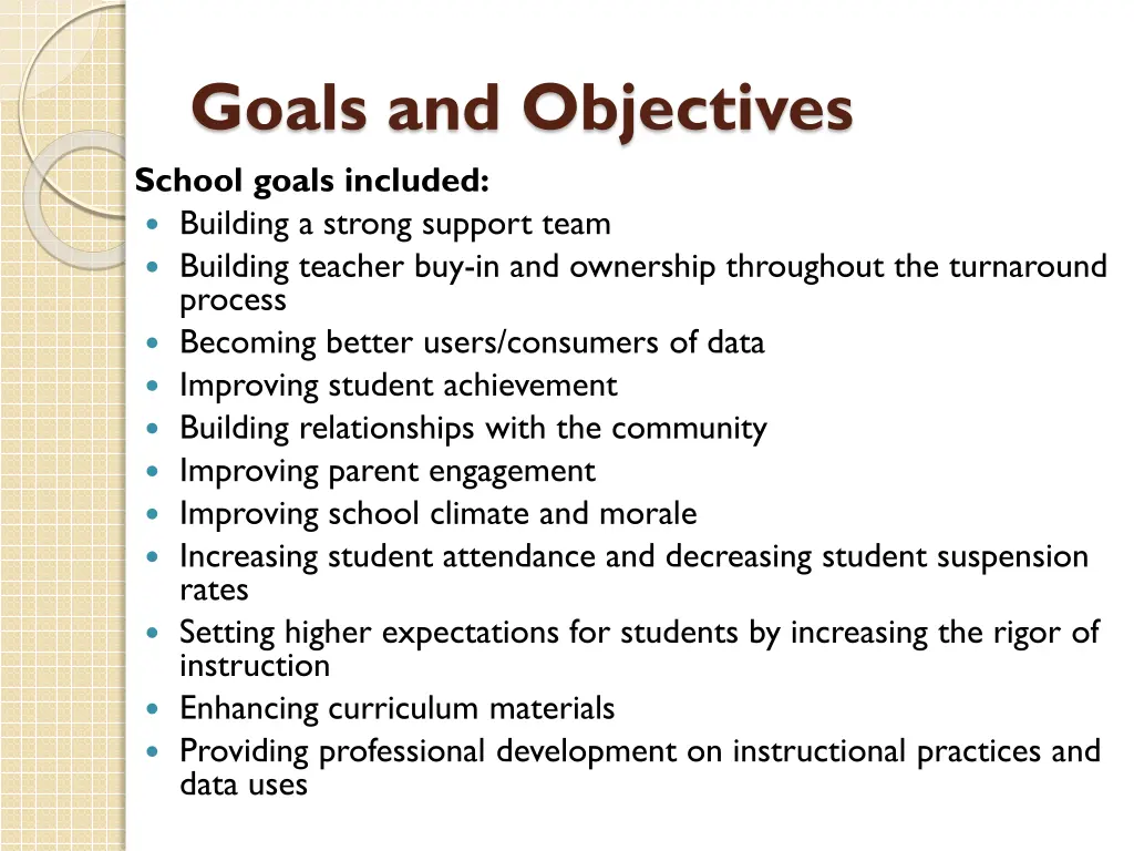 goals and objectives school goals included