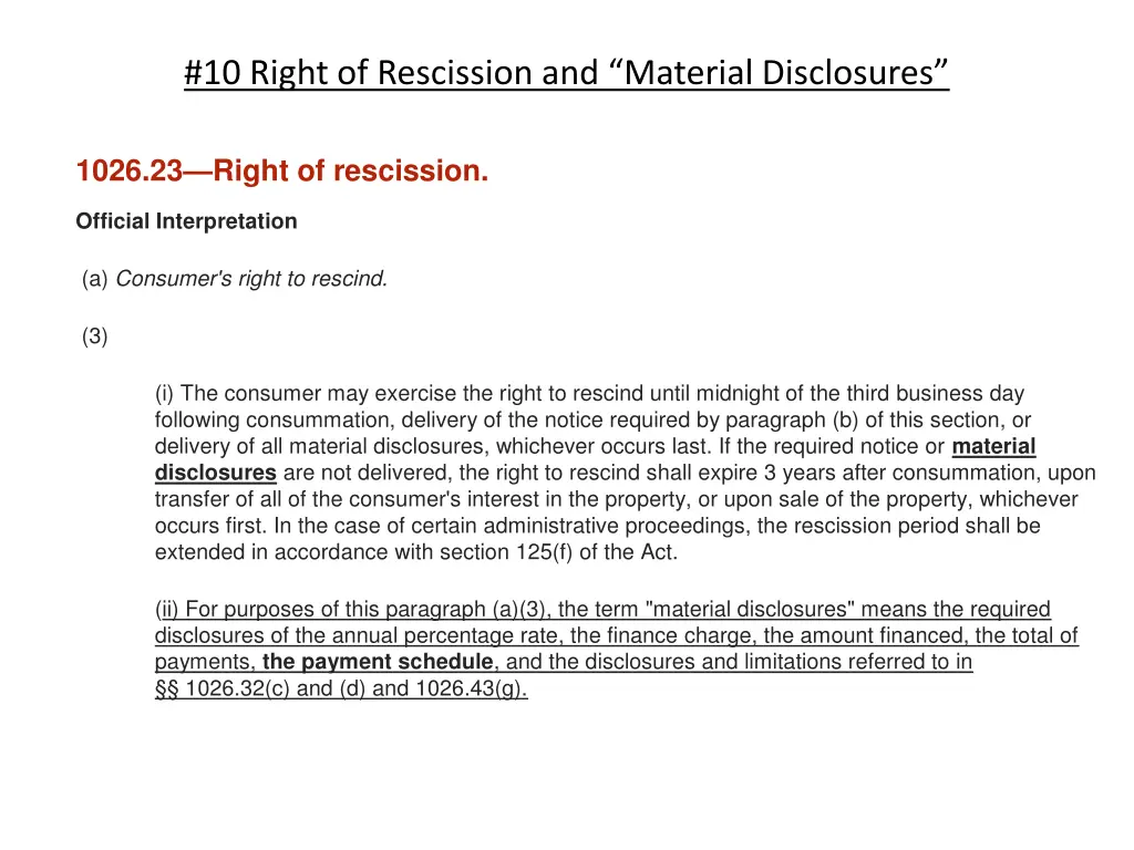 10 right of rescission and material disclosures