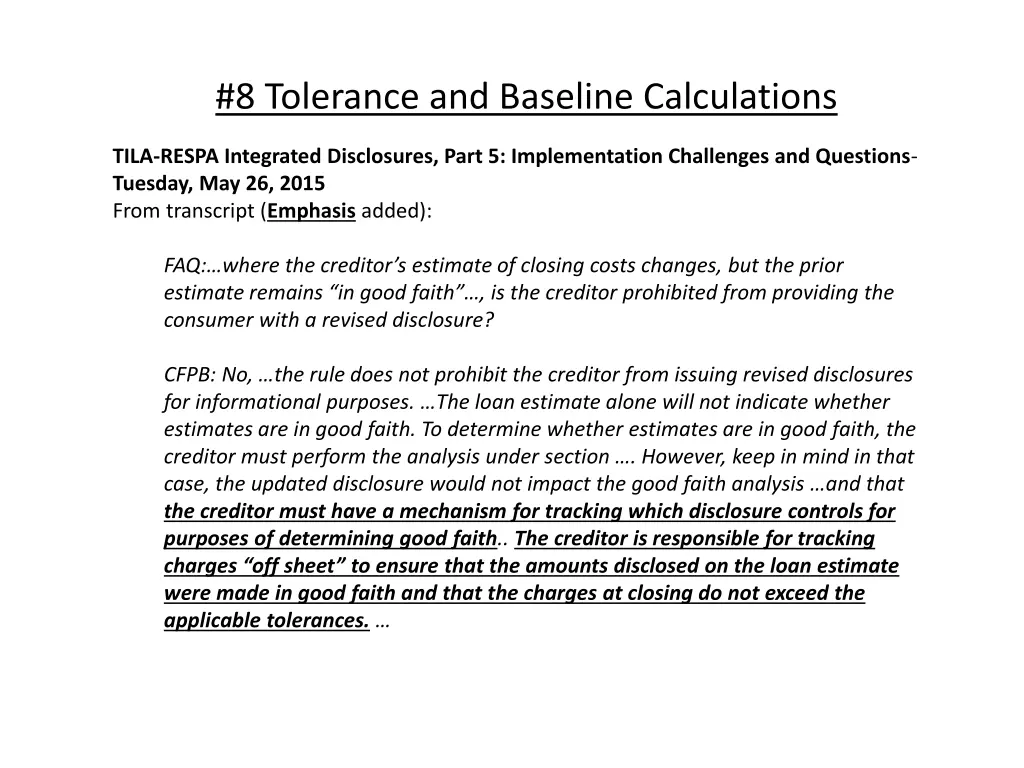 8 tolerance and baseline calculations