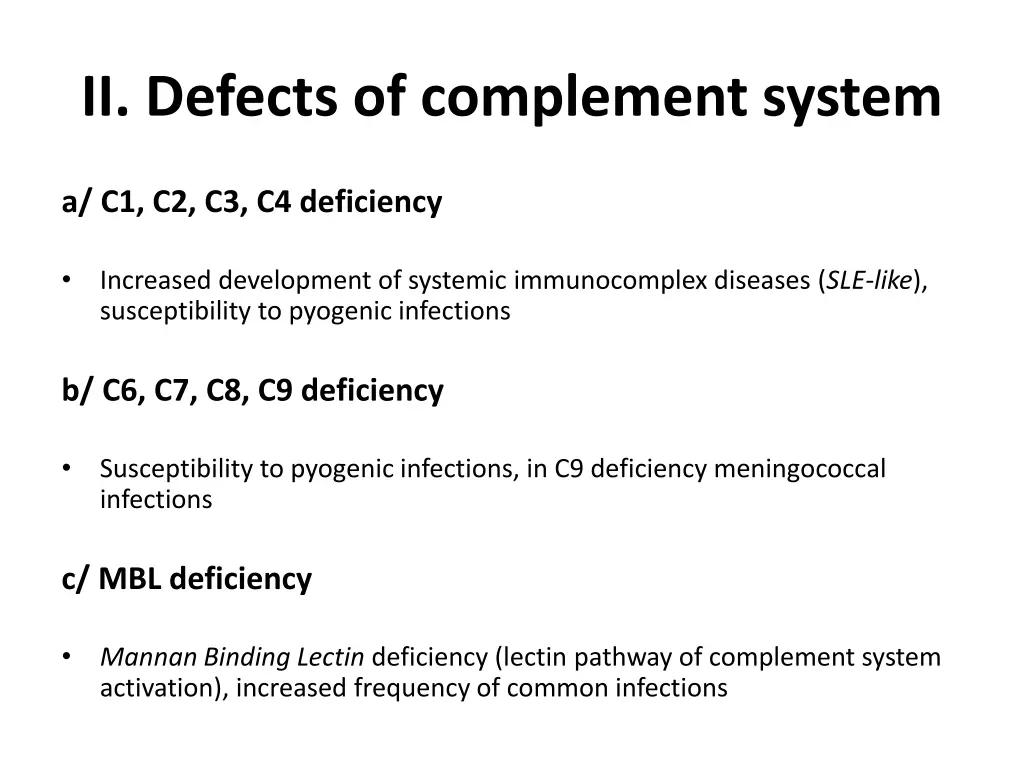 ii defects of complement system