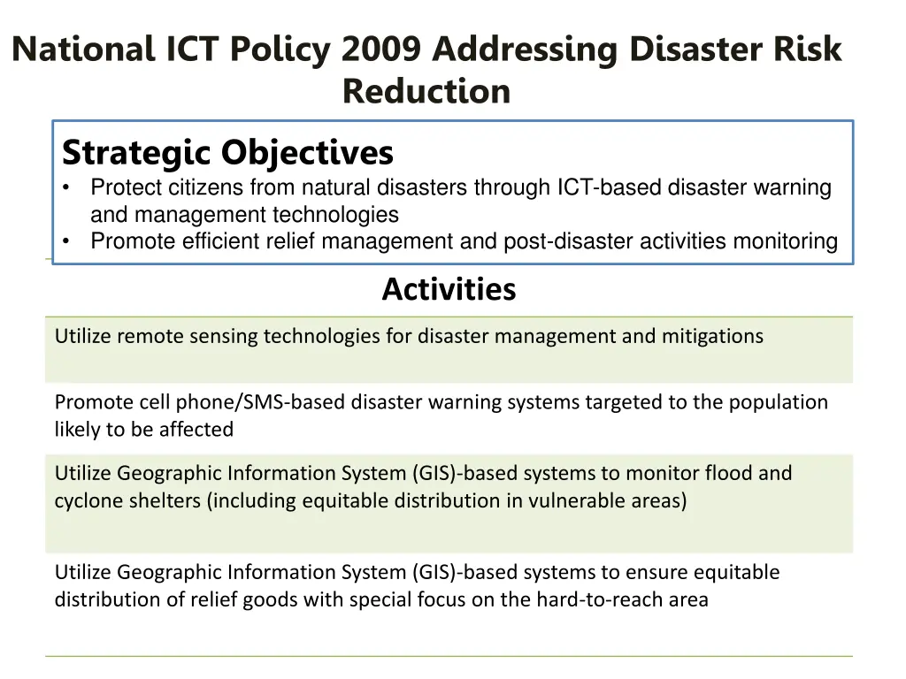 national ict policy 2009 addressing disaster risk