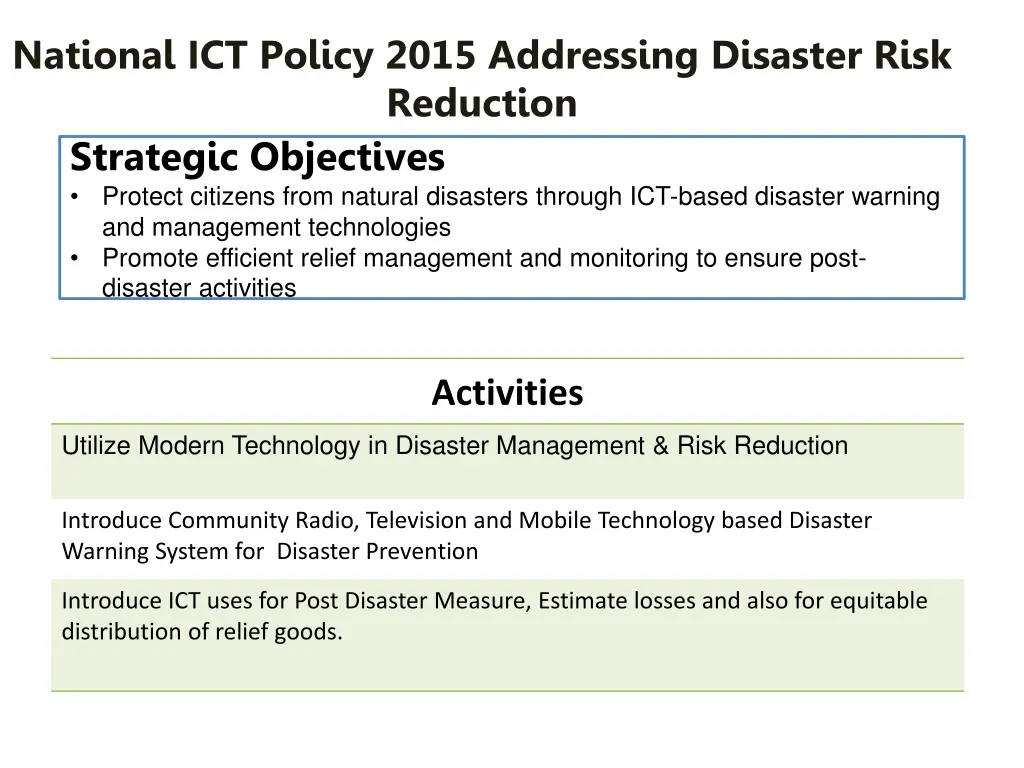 national ict policy 2015 addressing disaster risk