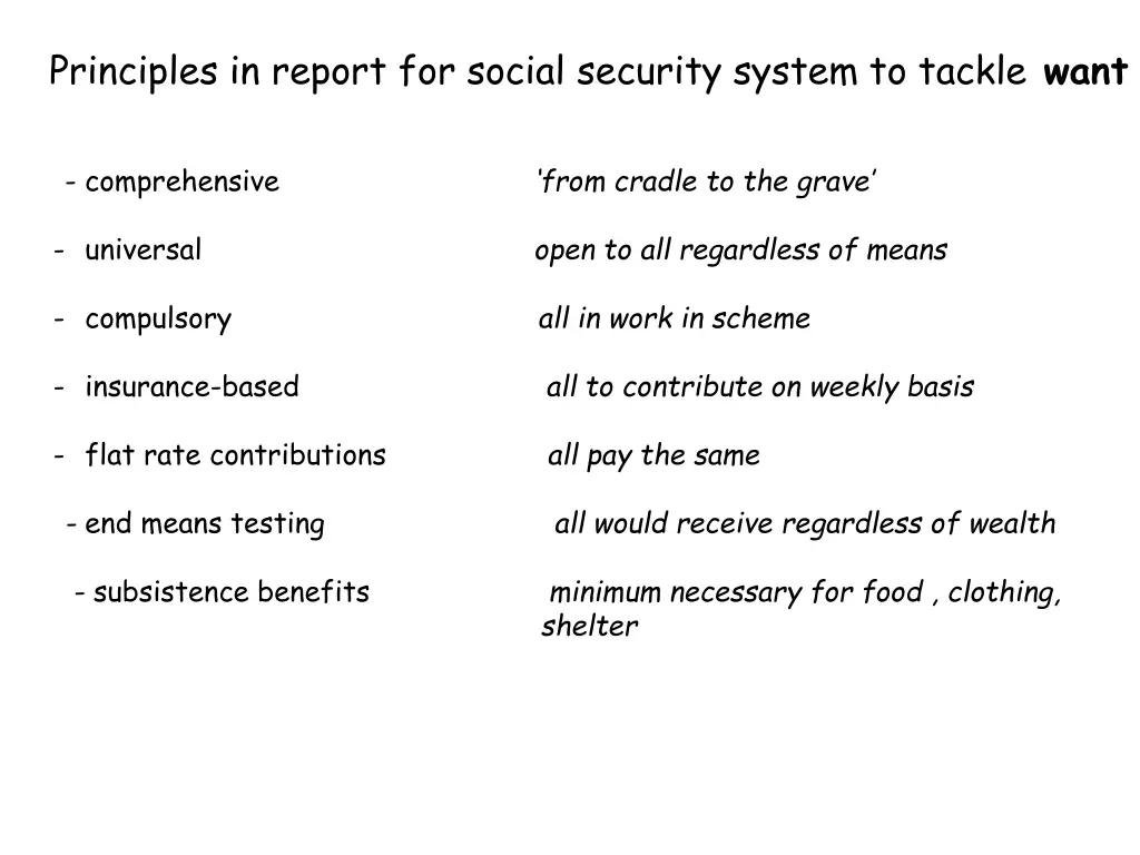 principles in report for social security system