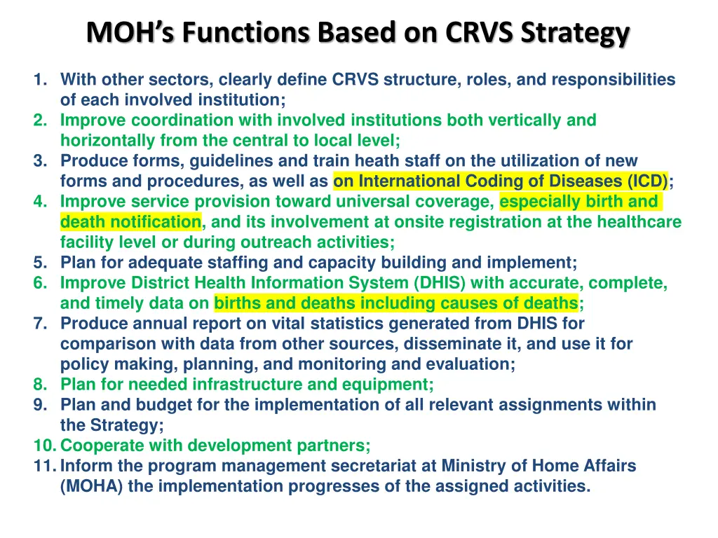 moh s functions based on crvs strategy