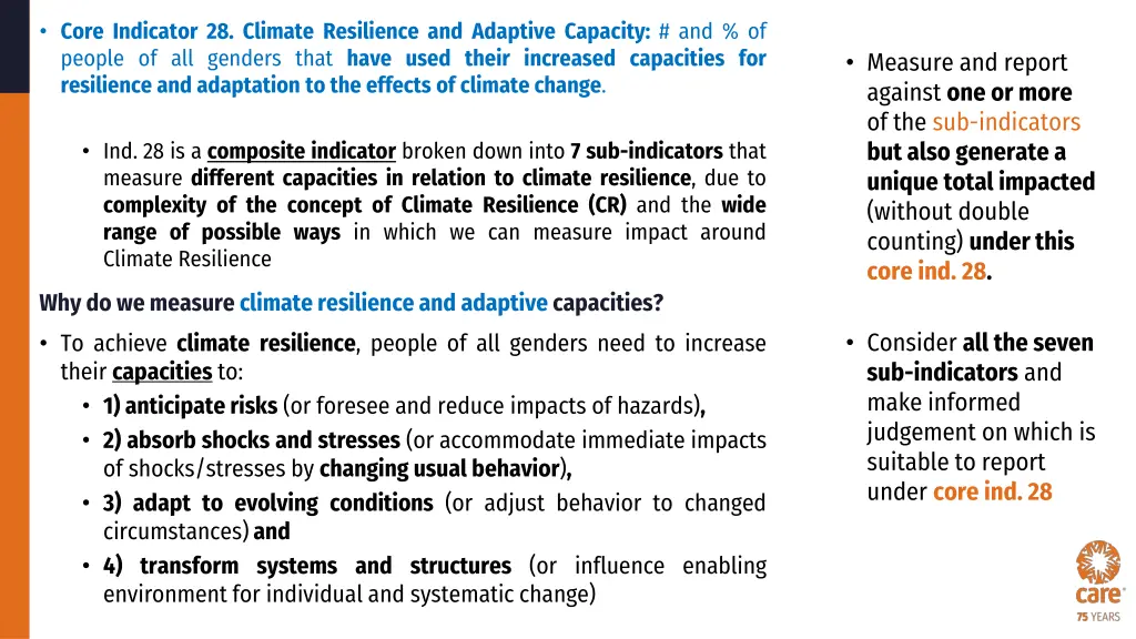 core indicator 28 climate resilience and adaptive