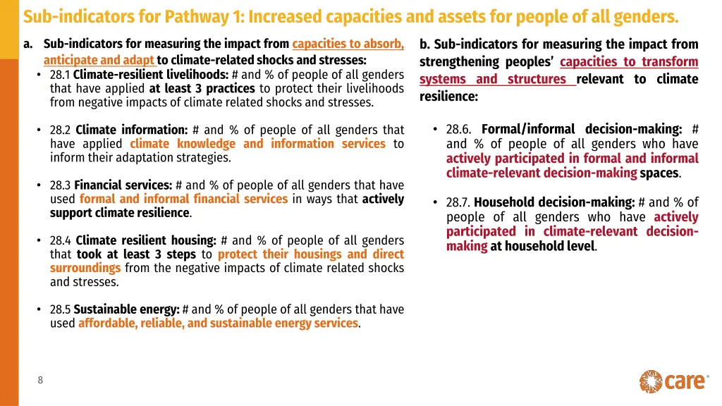 sub indicators for pathway 1 increased capacities