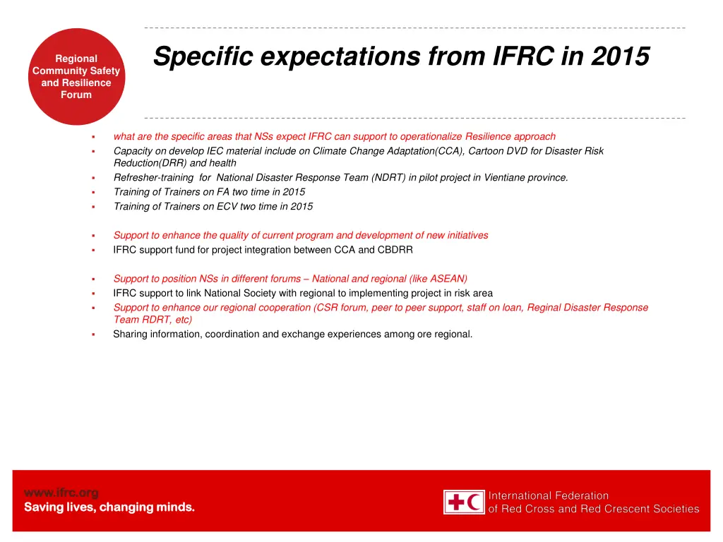 specific expectations from ifrc in 2015