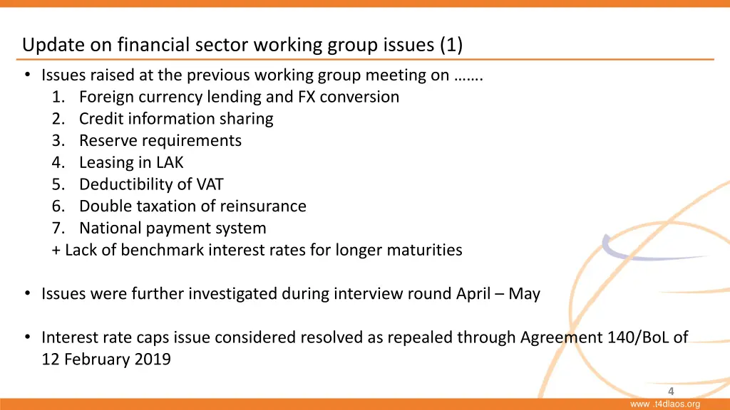 update on financial sector working group issues