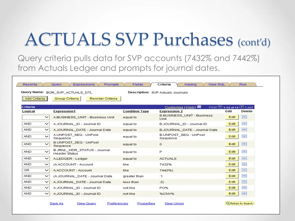 actuals svp purchases cont d query criteria pulls