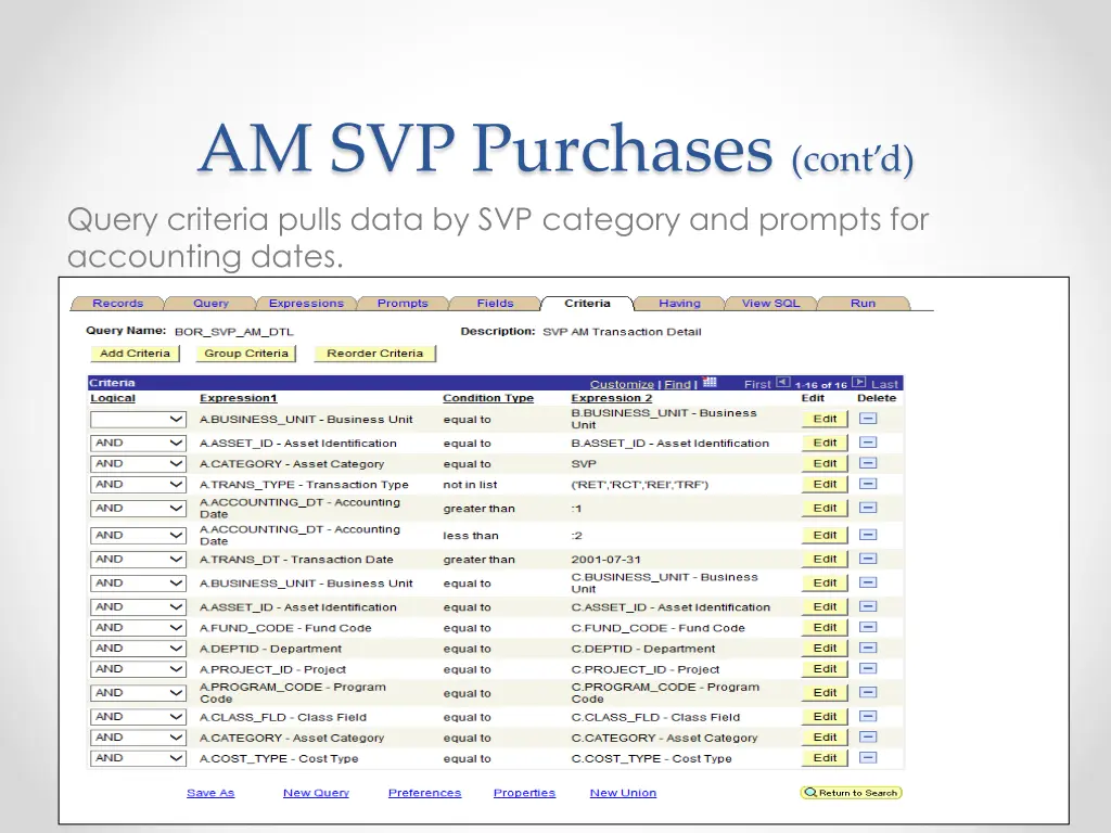 am svp purchases cont d query criteria pulls data