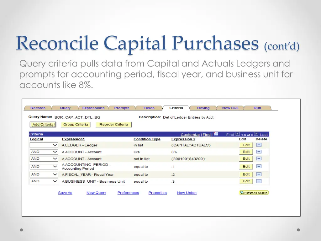 reconcile capital purchases cont d query criteria