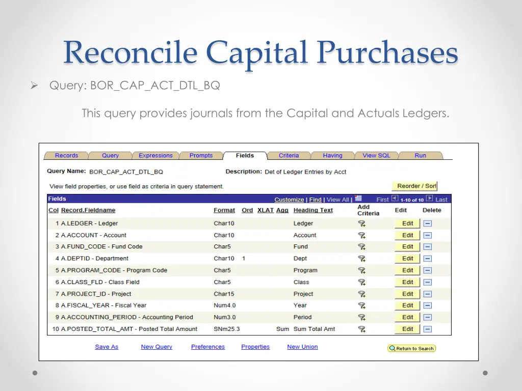 reconcile capital purchases