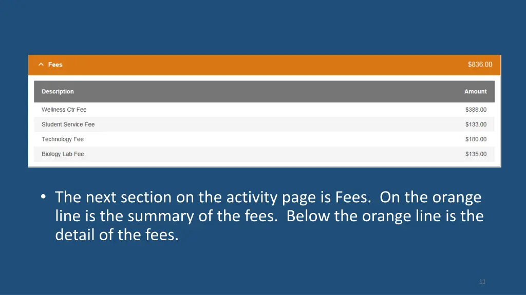 the next section on the activity page is fees