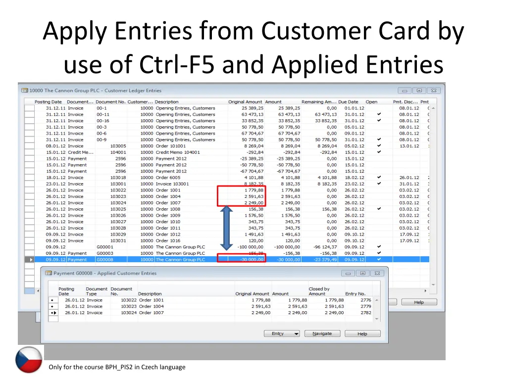 apply entries from customer card by use of ctrl