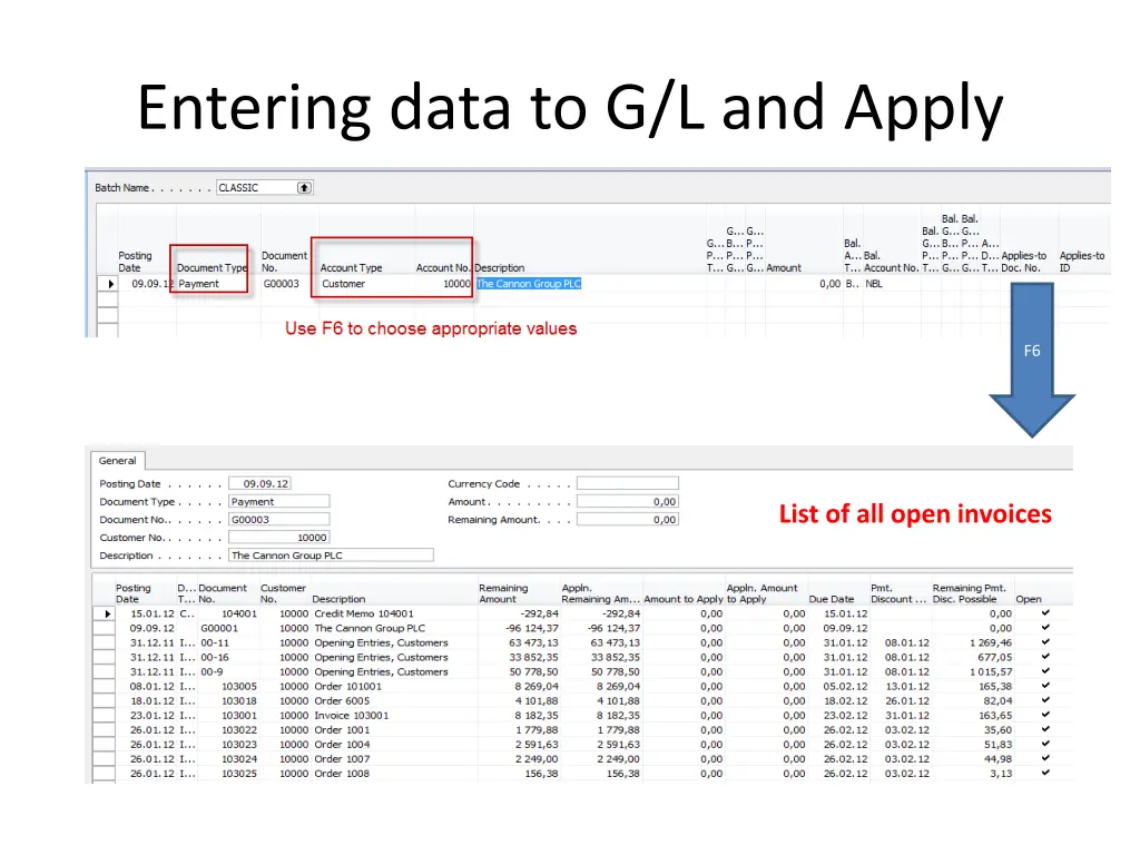 entering data to g l and apply