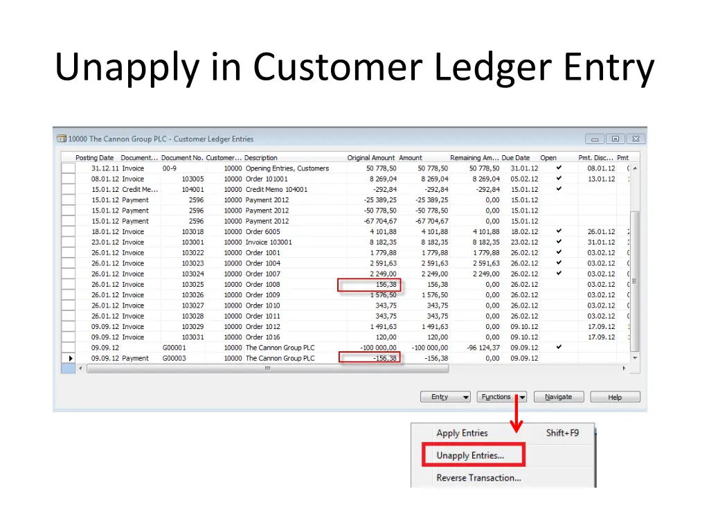 unapply in customer ledger entry