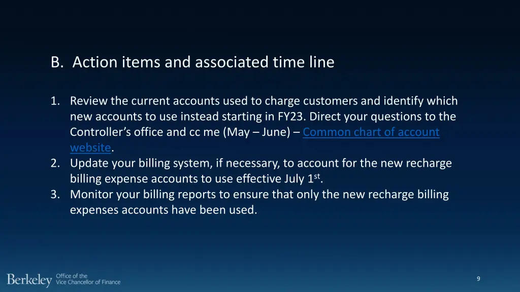 b action items and associated time line