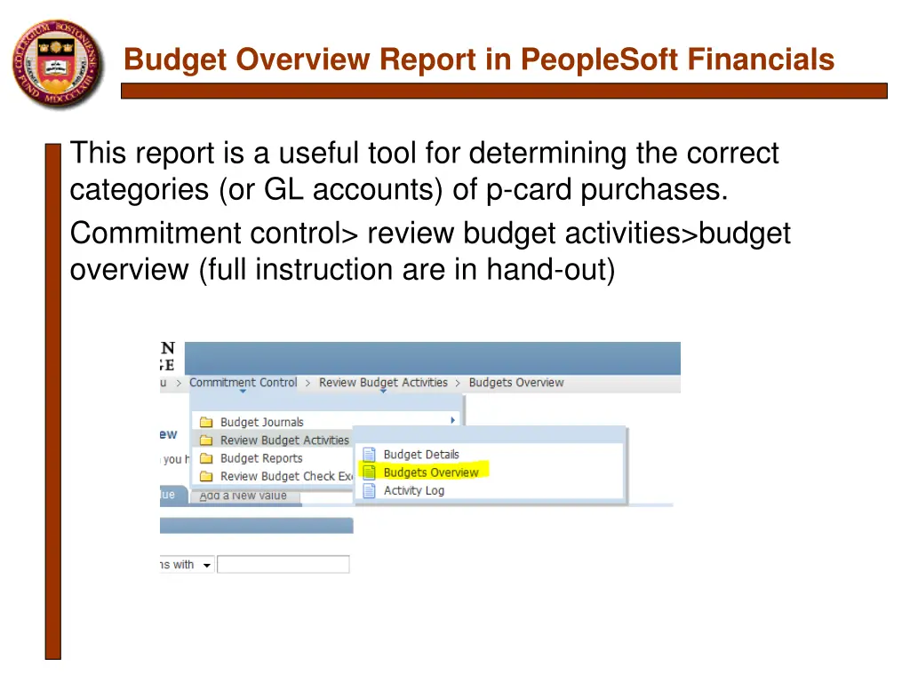 budget overview report in peoplesoft financials