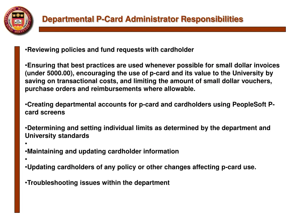 departmental p card administrator responsibilities