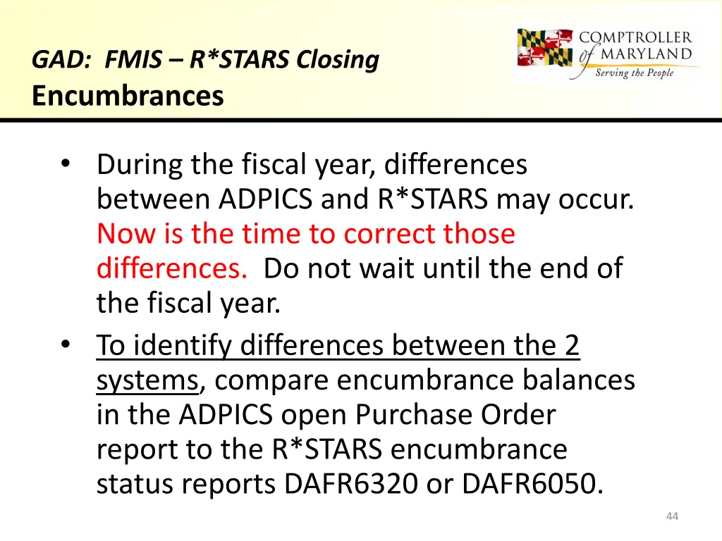 gad fmis r stars closing encumbrances