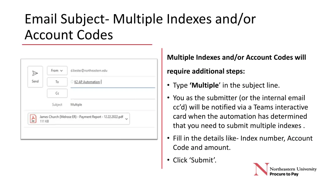 email subject multiple indexes and or account