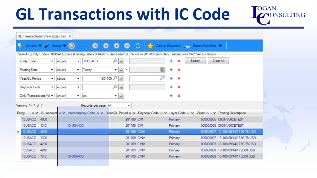 gl transactions with ic code