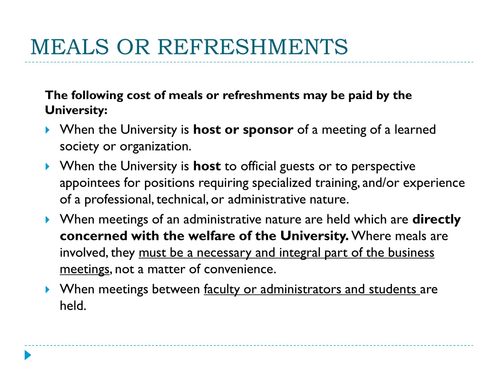 meals or refreshments