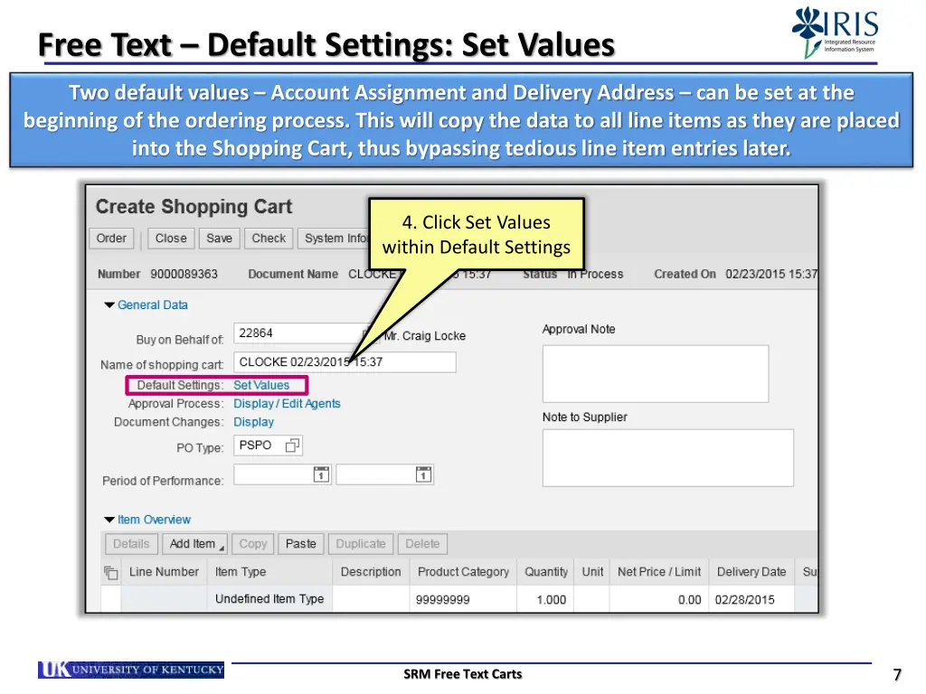 free text default settings set values