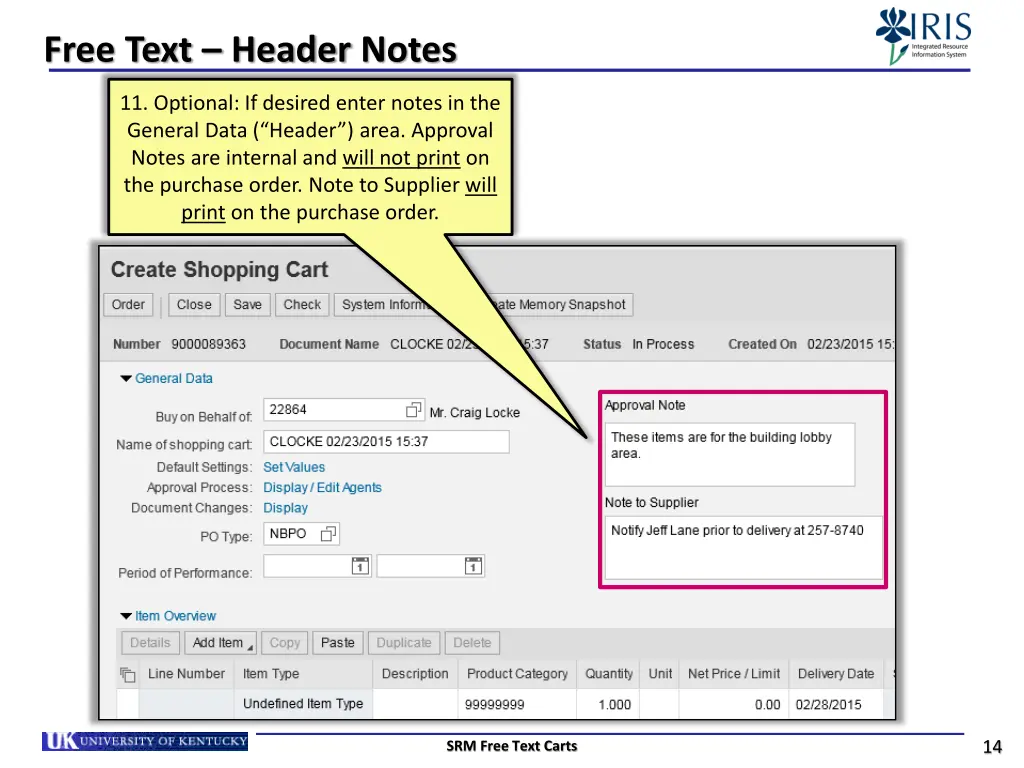 free text header notes