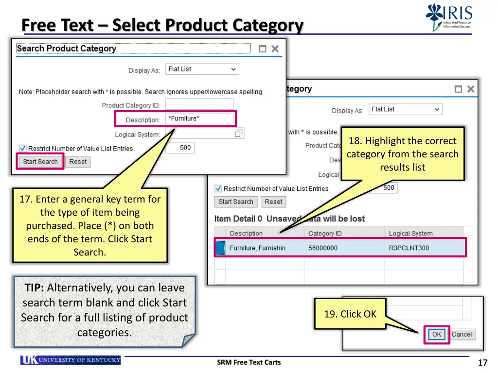 free text select product category 1