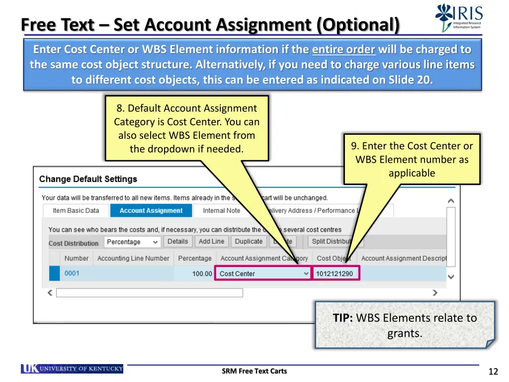 free text set account assignment optional 1