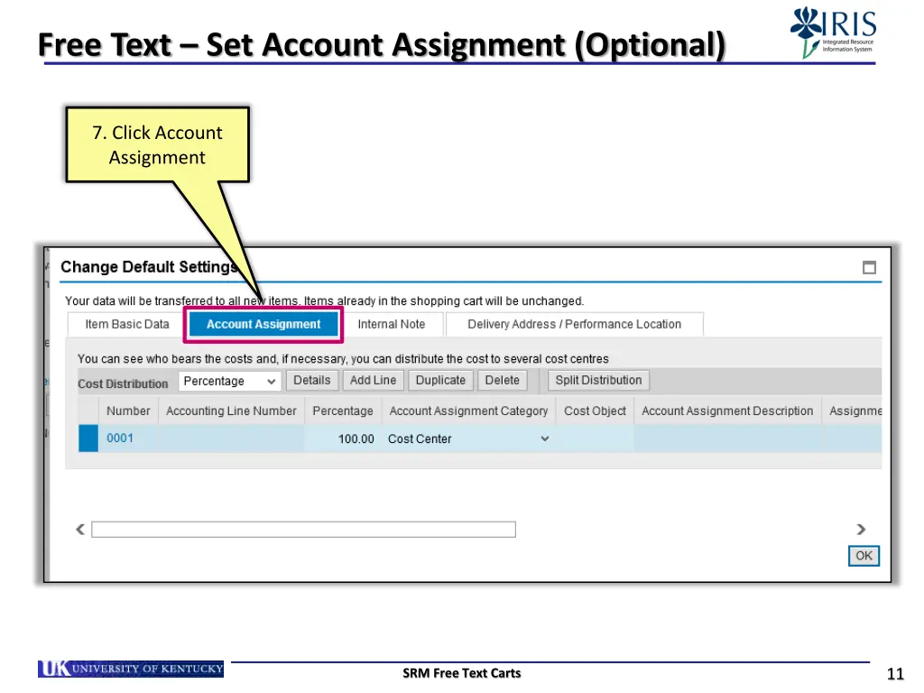 free text set account assignment optional