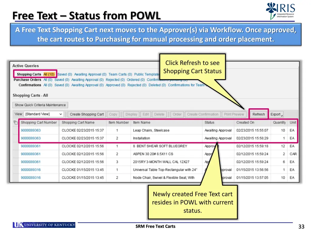 free text status from powl