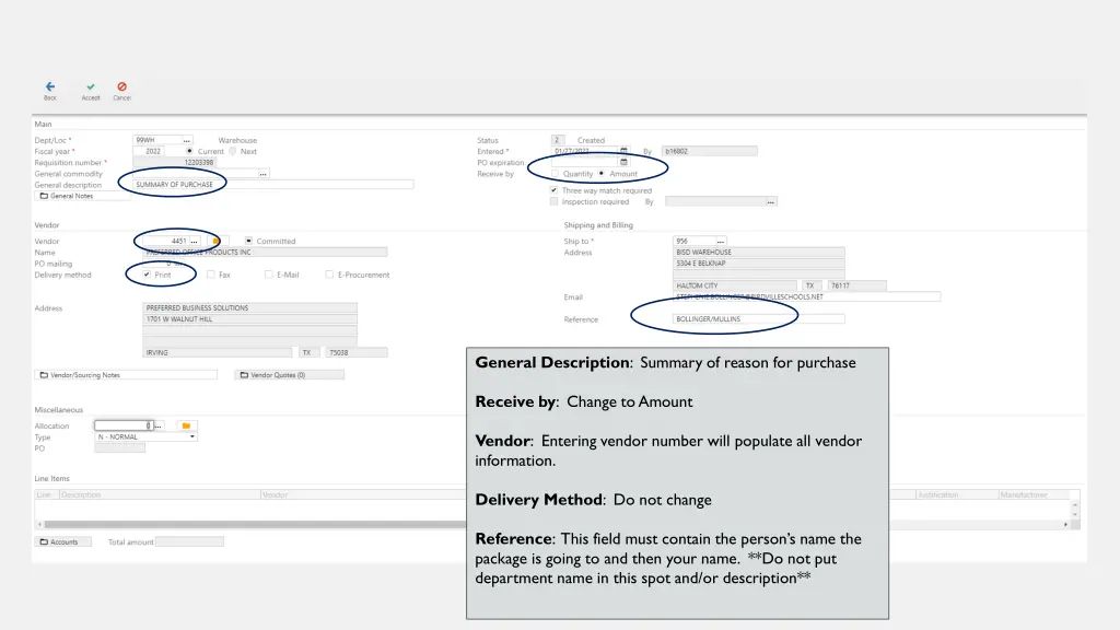 general description summary of reason for purchase