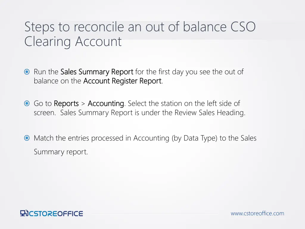 steps to reconcile an out of balance cso clearing 1