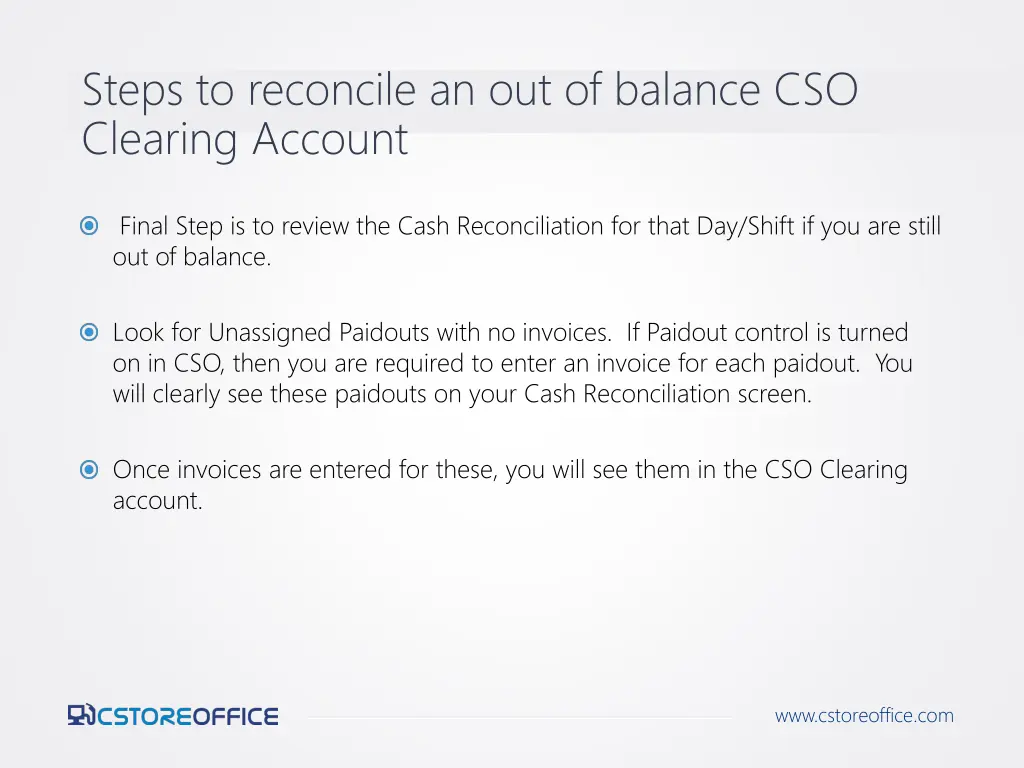 steps to reconcile an out of balance cso clearing 6