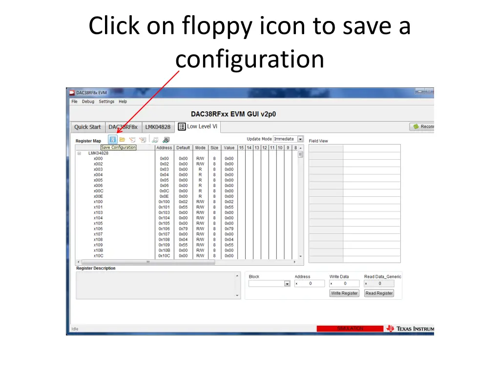 click on floppy icon to save a configuration