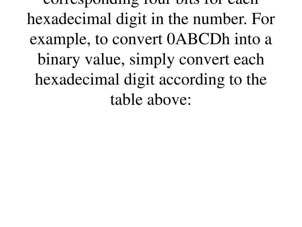 corresponding four bits for each hexadecimal