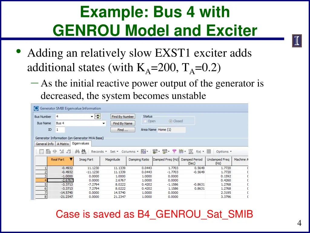 example bus 4 with genrou model and exciter