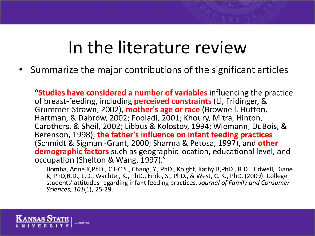 in the literature review summarize the major